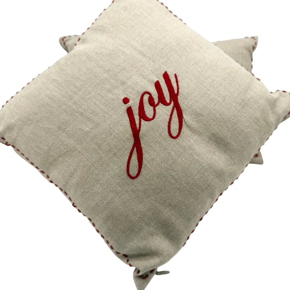 Pottery Barn Joy Peace Linen Christmas Pillows Set Red Embroidered 2009